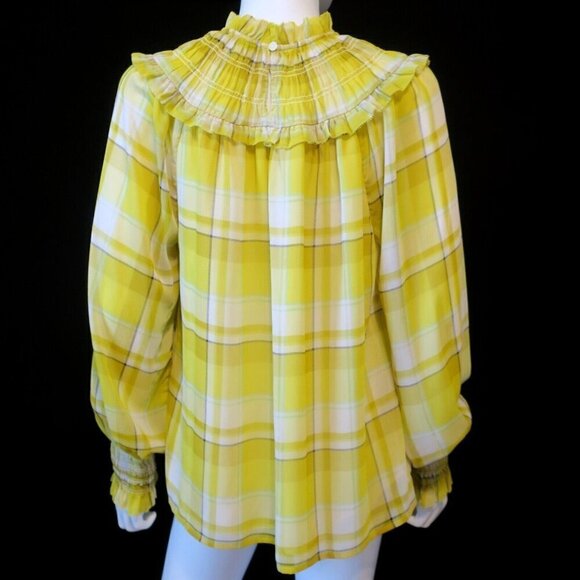 Ann Taylor Plaid Smocked Yoke Top Bright Celery Blouse Career $98 Women's Medium - Picture 3 of 4